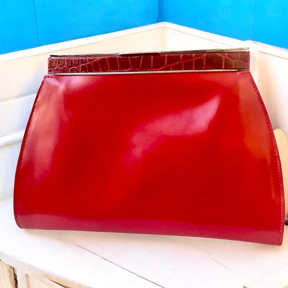 Perry Ellis Red Leather Vintage Clutch Handbag Chrome Croc Print Italy - Picture 14 of 15